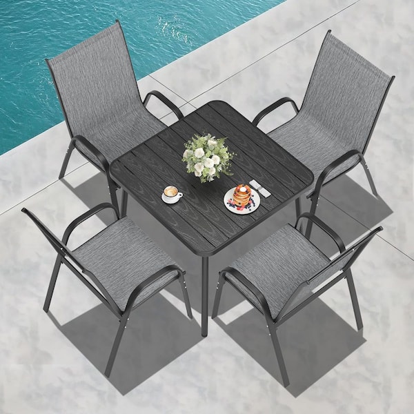 5-Piece Metal Outdoor Dining Set with 4 Stackable Dining Chairs and Square Dining Table, Patio Conversation Set for 4