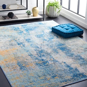 Sequoia Ivory Blue/Gold 5 ft. x 8 ft. Machine Washable Distressed Abstract Area Rug
