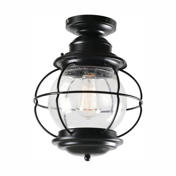 Home Decorators Collection Greer 1-Light Black Outdoor Semi-Flush Mount Ceiling Light with Caged Seeded Glass