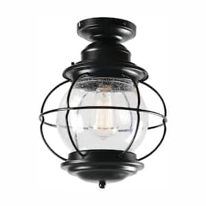 Greer 1-Light Black Outdoor Semi-Flush Mount Lantern with Caged Seeded Glass
