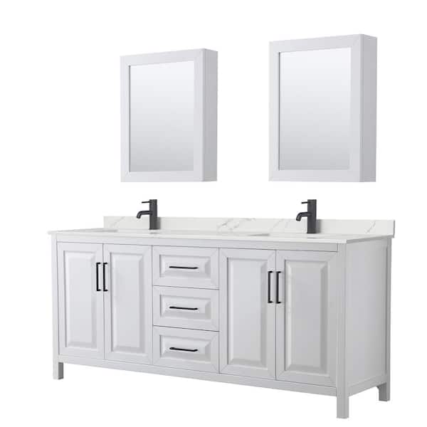 Wyndham Collection Daria 80 in. W x 22 in. D x 35.75 in. H Double Bath Vanity in White with Giotto Quartz Top and Mirrors