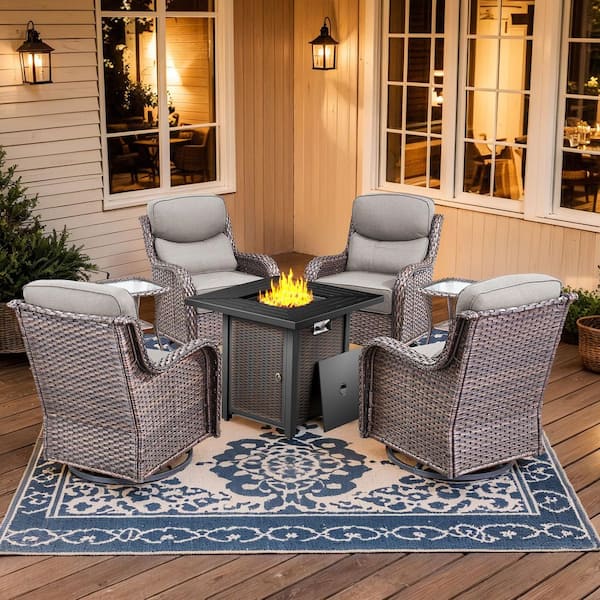 Holion 7-Piece Brown Wicker Patio Conversation Furniture Set with Fire Pit Table Outdoor Swivel Chairs with Gray Cushion