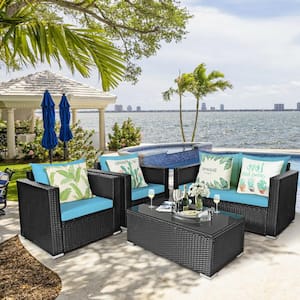 4-Piece Wicker Rattan Patio Conversation Set with Turquoise Cushions