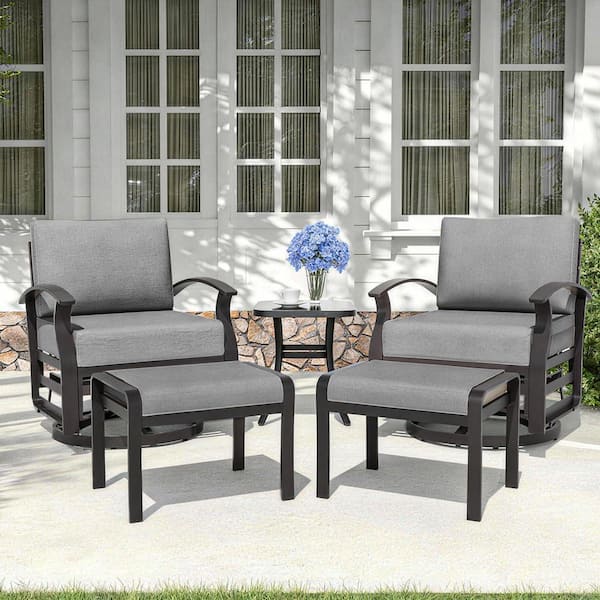 Brownish Black Swivel Aluminum Outdoor Rocking Chair Set with Side Table, 2 Ottomans and Cushion Gray
