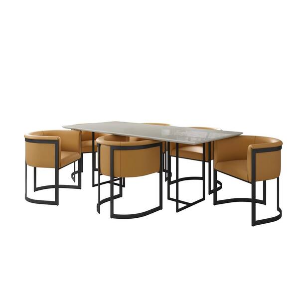 Manhattan Comfort Celine and Corso 7-Piece Off White and Tan Glass Top Dining Room Set (Seats-6)