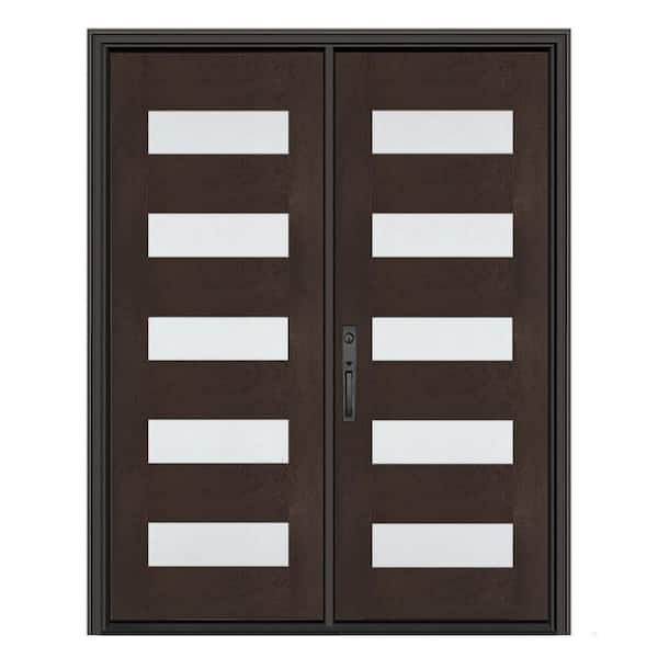 Regency 72 in. x 80 in. 5L Modern Frosted Glass RHIS Hickory Fiberglass Double Prehung Front Door w/8011 BLK Lockset
