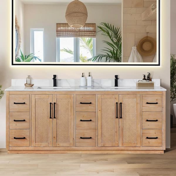Floral 84 in. W x 22 in. D x 33 in. H Double Sink Freestanding Bath Vanity in Brown with Calacatta White Quartz Top