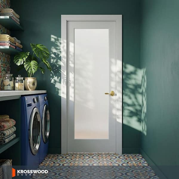 30in. x80in. 1-Lite Left-Hand Frosted Glass MDF Primed Single Assembly Required Interior Door Kit w/ Quick Assemble Jamb