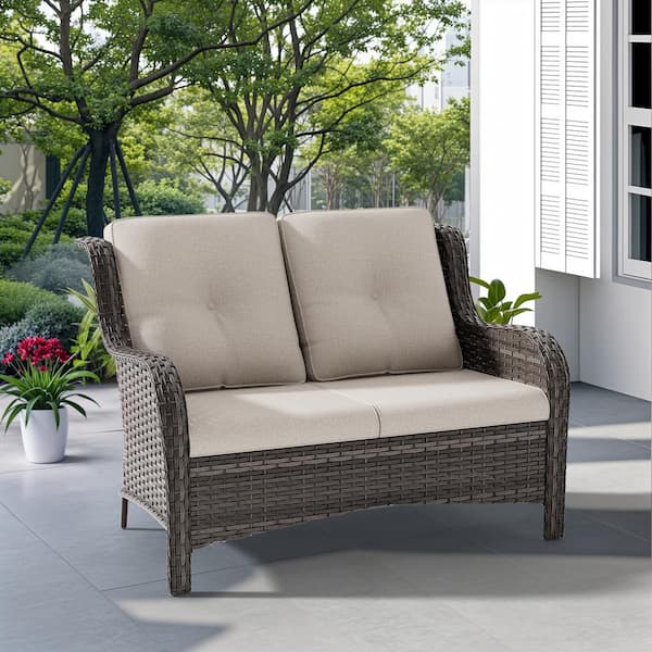 JOYSIDE Brown Wicker Outdoor Patio Loveseat with Beige Cushions
