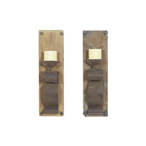 Brown Wood Geometric Pillar Wall Sconce with Wood Back Mount (2- Pack)