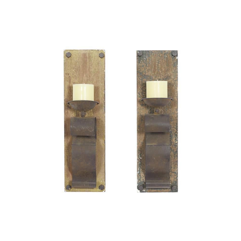Rustic Distressed Wood & Metal Geometric Wall Sconce, Set of 2