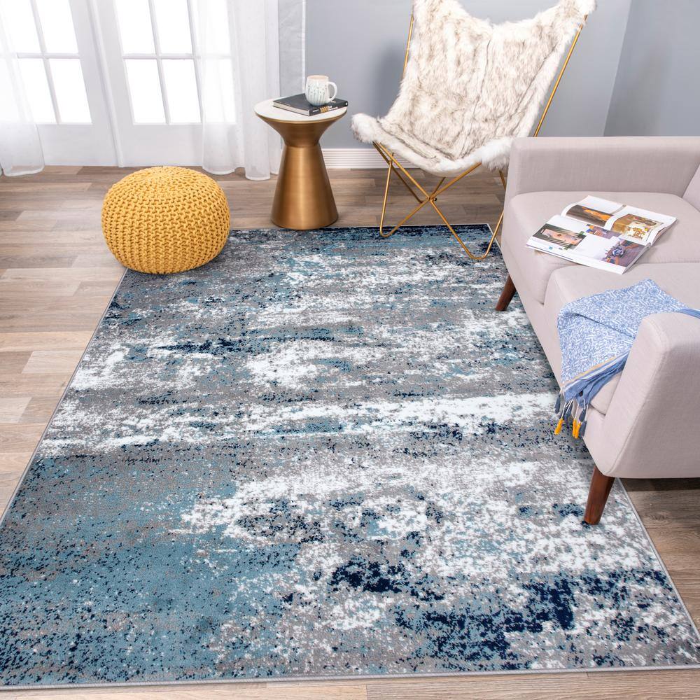 Modern Abstract Watercolor Washable Blue 2'x3' Indoor Rug