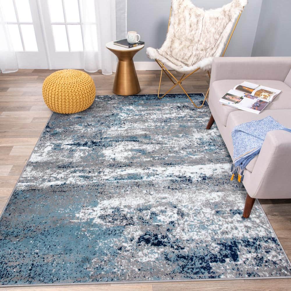 Blue and Gray Abstract Watercolor 6'6" x 9' Area Rug