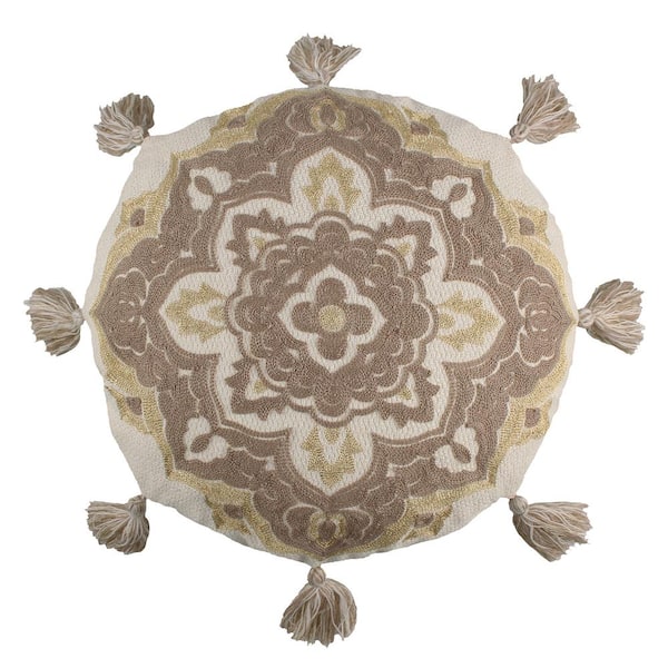 LEVTEX HOME Astrid Taupe, Cream, Beige Embroidered Medallion with All Around Tassels 16 in. x 16 in. Throw Pillow