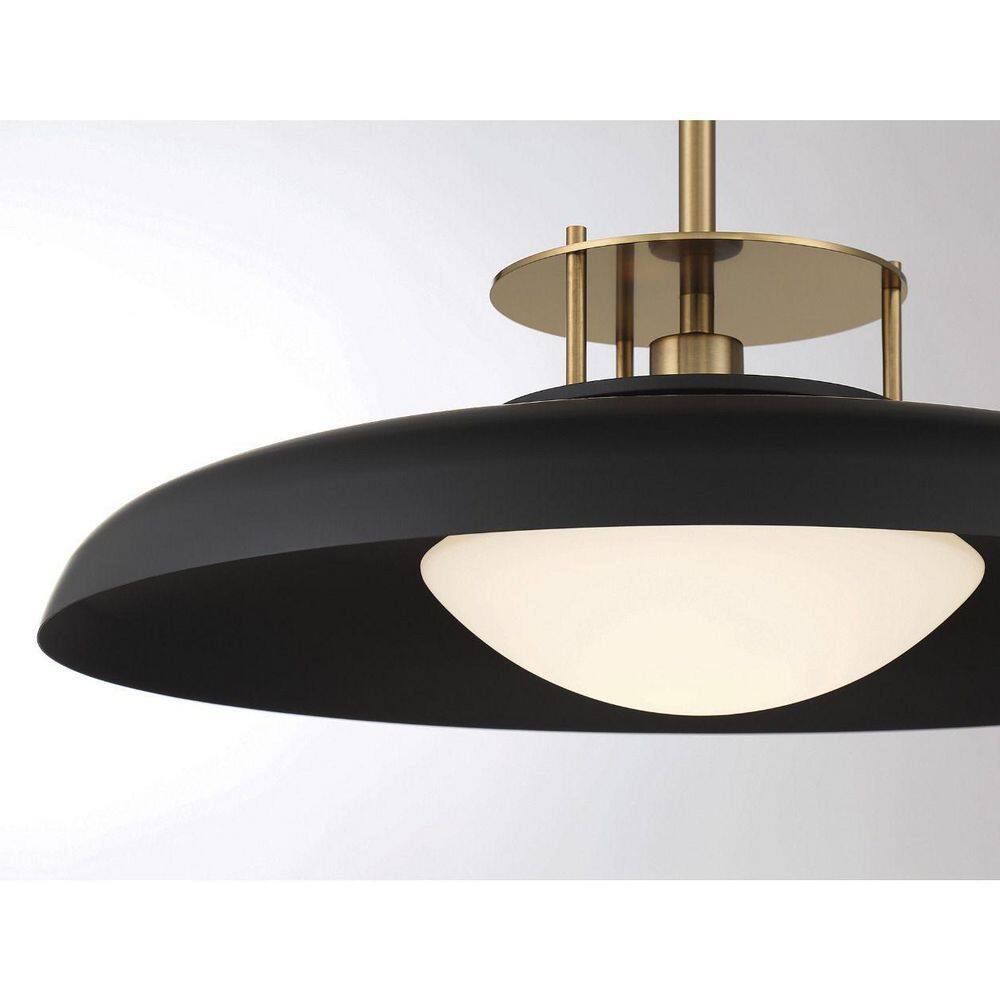 Matte Black and Warm Brass Vintage Pendant Light with Opal Glass Shade
