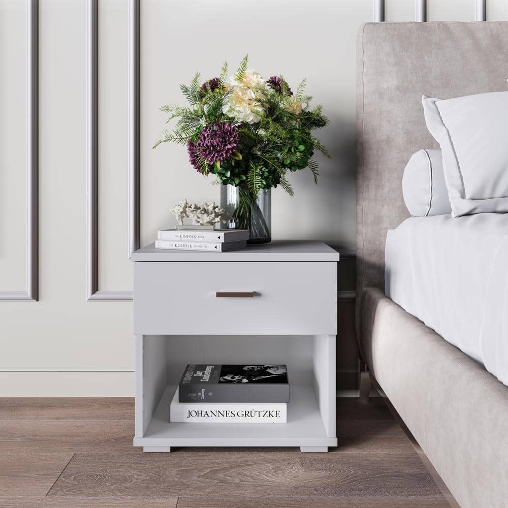 White MDF Modern Nightstand with Single Drawer and Storage Cubby