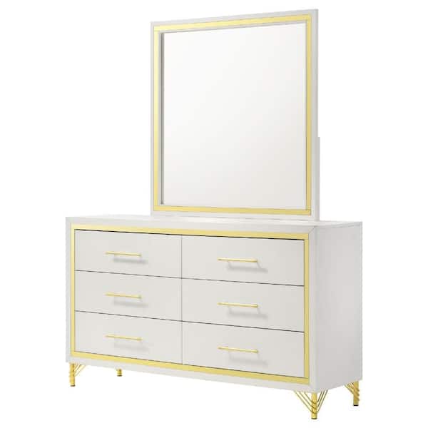 Benjara Jenny White and Gold 6 Drawer 17.25 in. Dresser with Mirror  BM340001 - The Home Depot