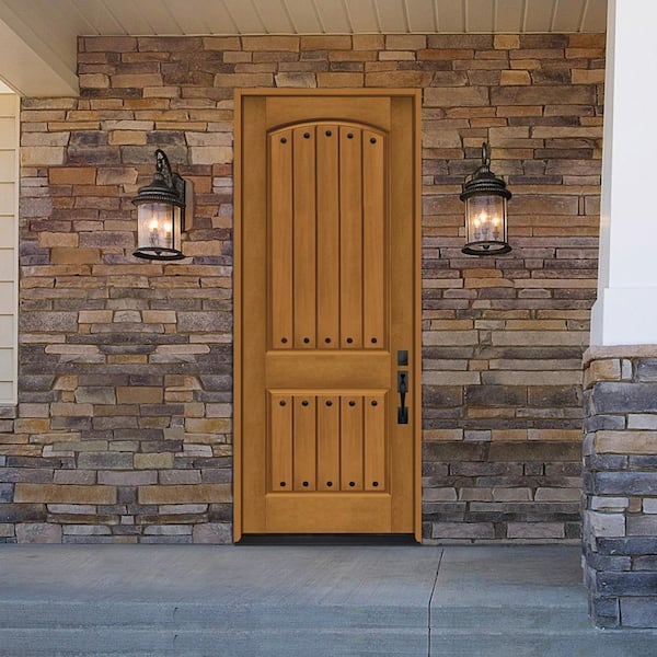 Regency 36 in. x 96 in. 2 Panel Plank Universal Handing Autumn Wheat Stain Fiberglass Front Door Slab with Clavos