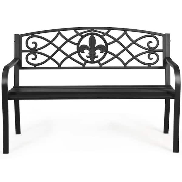 Costway Slats Porch Chair Seat Black Frame Ergonomic Metal Outdoor Lounge Chair in Black