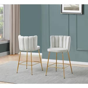 Elegante 26 in. H Beige Velvet Metal Counter Height Bar Stools (Set of 2)