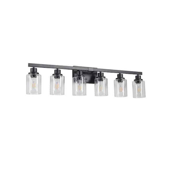 Logmey 37 in. 6 Light Matte Black Vanity Light with Clear Glass Shades and E26 Sockets