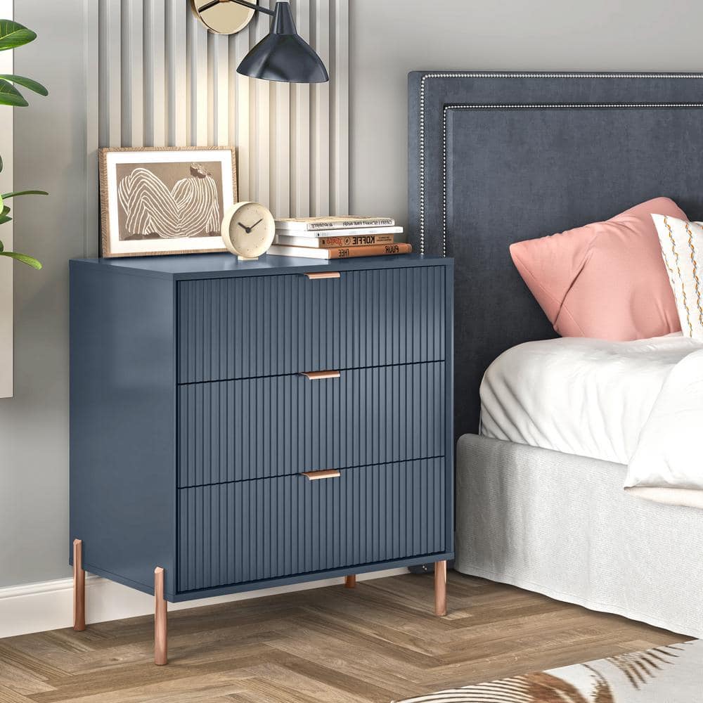 Navy MDF 3-Drawer Nightstand with Rose Gold Accents