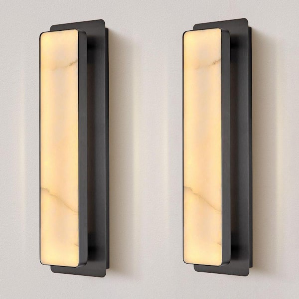 20 in. 1-Light 2-Piece Black LED Wall Sconce,Natural Alabaster Modern Wall Light for Bedroom, Bathroom, Living Room