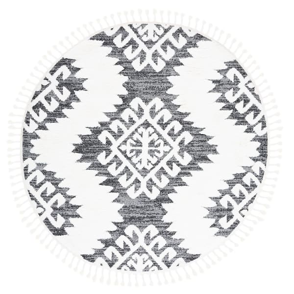 Moroccan Tassel Shag 3 ft. x 3 ft. Round Dark Gray/Ivory Geometric Zig-Zag High-Low Area Rug