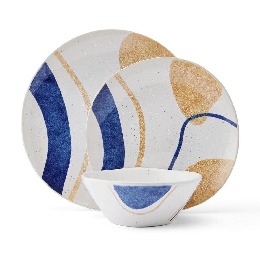 Artful Circles Blue and Beige Stoneware Dinnerware Set, Service for 4