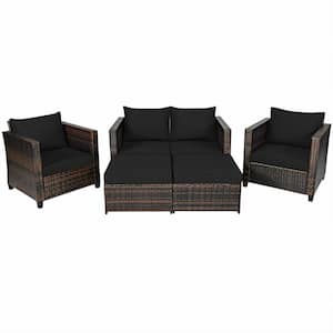 5-Piece Patio Rattan/Wicker Outdoor Sectional Set with Black Cushions