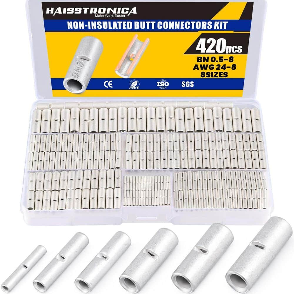 420-PCS Non-Insulated Butt Terminals Wire Connector, Copper Tinned Cable En