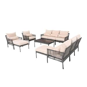 11-Piece Wicker Outdoor Conversation Set with Beige Cushions