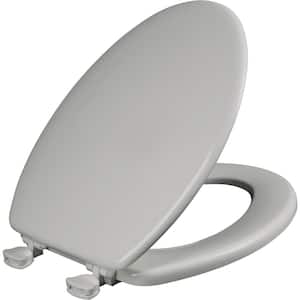 Elongated Enameled Wood Closed Front Toilet Seat in Silver Removes for Easy Cleaning