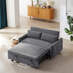 57.48 in. Dark Gray Corduroy 2-Seater Convertible Pull Out Sofa Bed with 2 Pillows and USB Ports