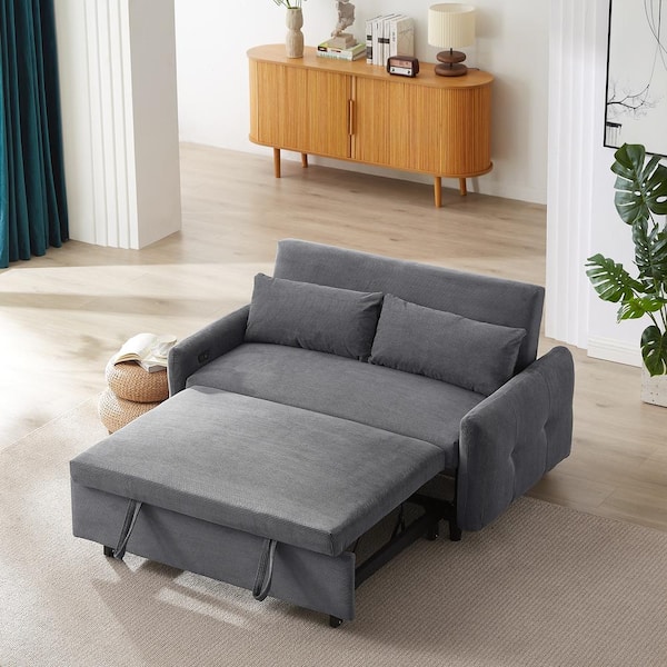 Nestfair 57.48 in. Dark Gray Corduroy 2-Seater Convertible Pull Out Sofa Bed with 2 Pillows and USB Ports