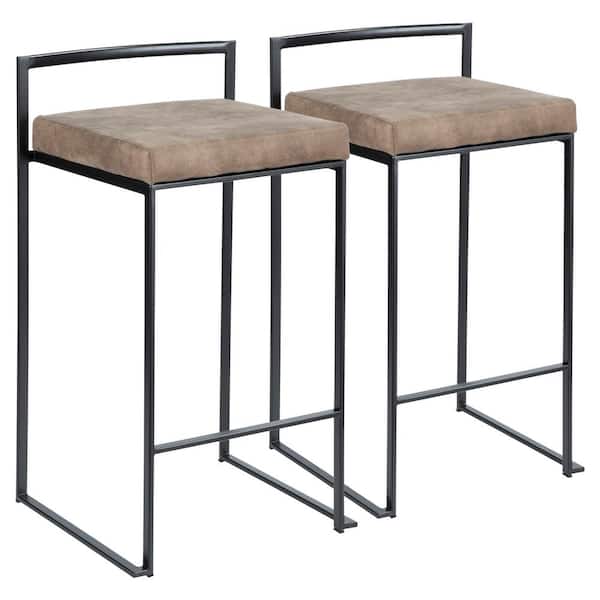 Lumisource Fuji 26 in. Black Stackable Counter Stool with Brown Cowboy Fabric Cushion (Set of 2)