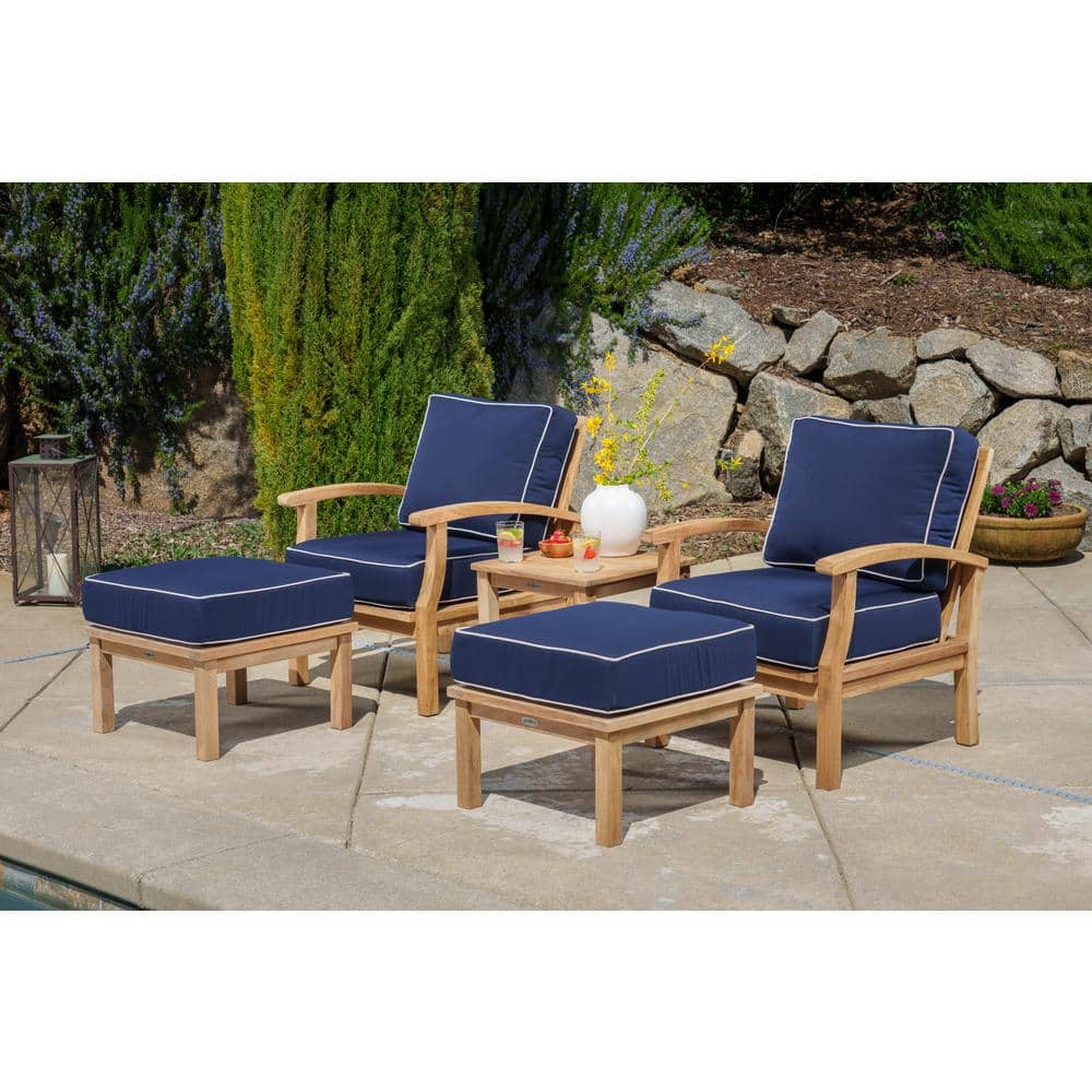 Indonesian 5-Piece Teak Patio Conversation Set with Navy Sunbrella Cushions