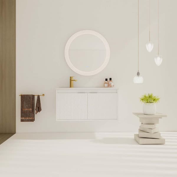 FUNKOL 35.8 in. W x 18.5 in. H in White Wall-Mounted Plywood Bathroom Vanity with 1 White Resin Sink Soft-Close Cabinet Door