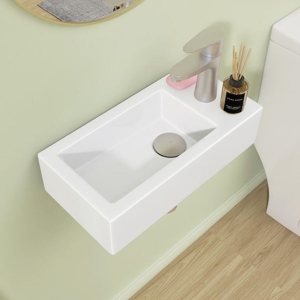14.56 in. Ceramic Wall-Mounted Rectangular Bathroom Sink Right Hand w/ Single Faucet Hole in White Floating Vessel Sink