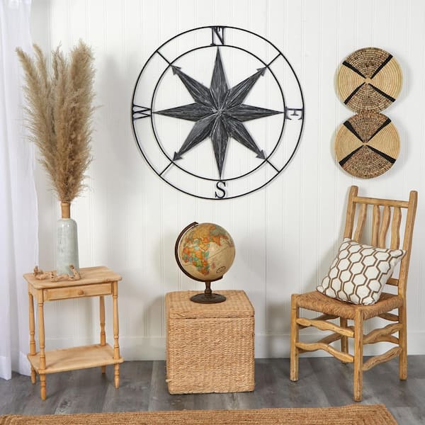 Nearly Natural 40 in. Washed Nautical Black Metal Compass Wall Art