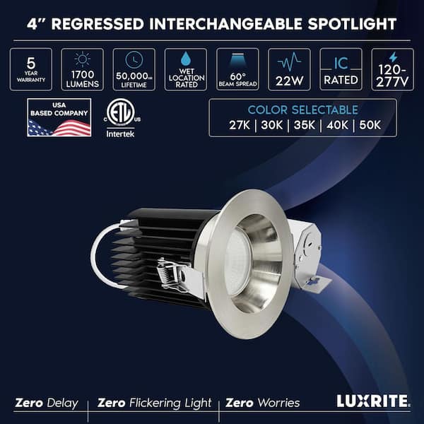 4 in. Integrated LED Trimless Regressed Spotlight with Round Brushed Nickel Trim, 5CCT, 60º, 22W, 1700LM, Dimmable