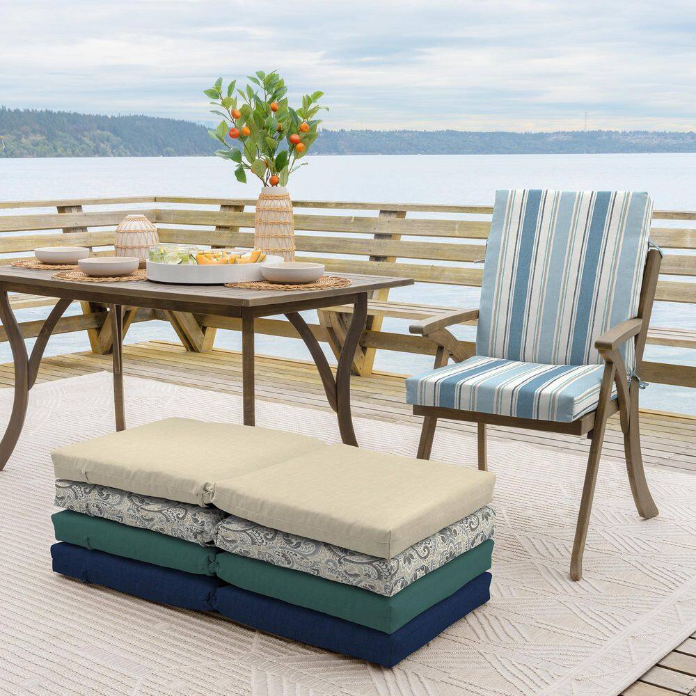 French Blue Linen Stripe Outdoor Dining Chair Cushion