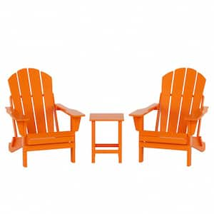 Laguna 3-Piece Fade Resistant Outdoor Patio HDPE Poly Plastic Folding Adirondack Chair Set with Side Table in Orange