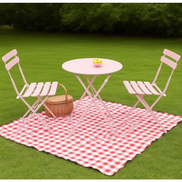 Unbranded 3-Piece Pink Metal Folding Outdoor Bistro Set with Beige Cushion  WZX-8196-P