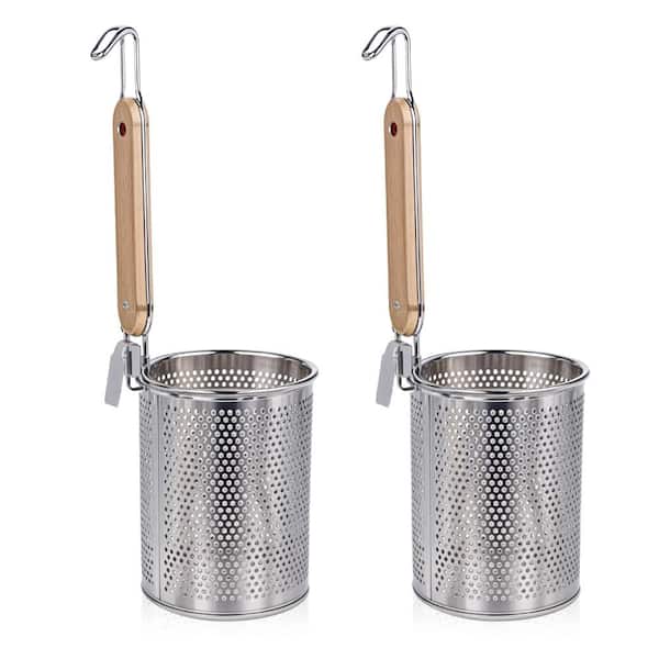 2-Pack Stainless Steel Pasta Basket Strainer with Wood Handle, 4.5 in. Dia. x 14.6 in. H Fine Mesh Sieve