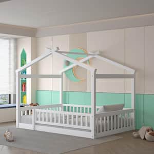 White Full Size Wood House Bed with Fence Guardrails