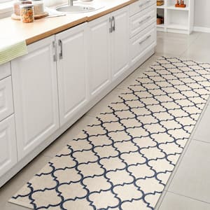 Arabesque Ogee Trellis Beige/Navy 2 ft. x 8 ft. Indoor/Outdoor Runner Rug