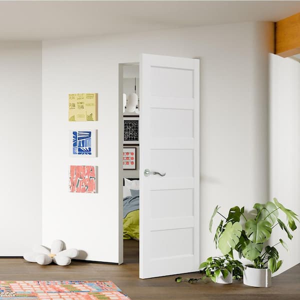 30 in. x 80 in. 5-Panel, Solid MDF Core, Composite, Primed, White, Interior Door Slab With Silver Curved Doorknob