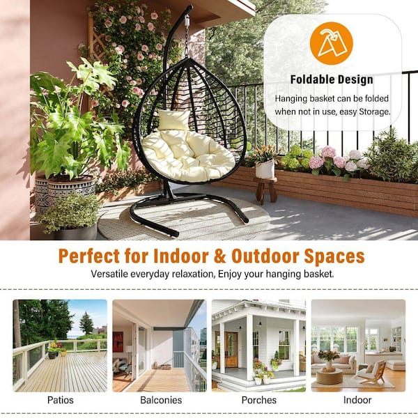 ブラックハンギングチェア Black Wicker Foldable Outdoor Rattan Egg Chair Patio Swing Chair
