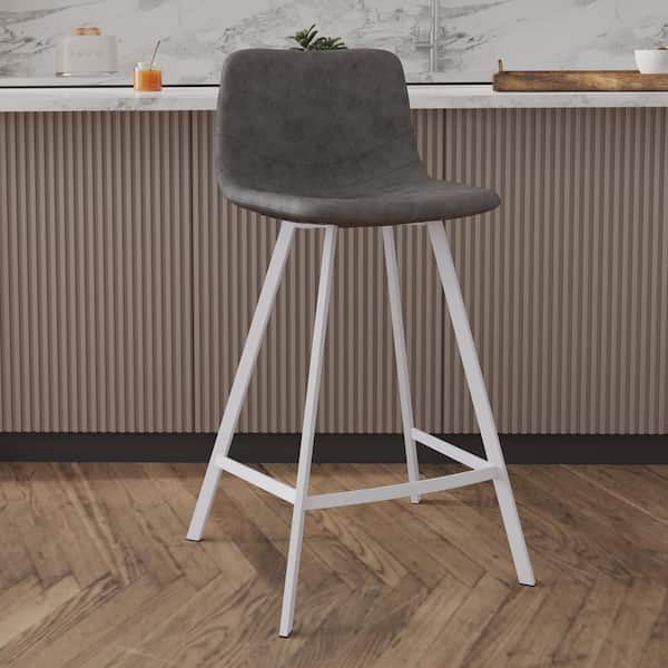 Leisuremod Elland 35 in. Leather Upholstery Counter Bar Stool in Black Stainless Steel for Indoor and Outdoor in Grey